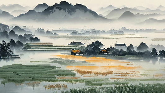 烟雨中的稻田田园水墨画高清图片