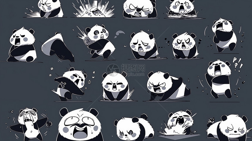 红脸蛋的可爱卡通小熊猫各种动作与表情图片