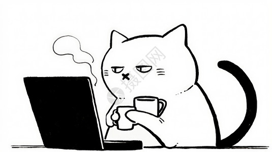 白色杯坐在电脑前抱着杯的可爱卡通大肥猫插画