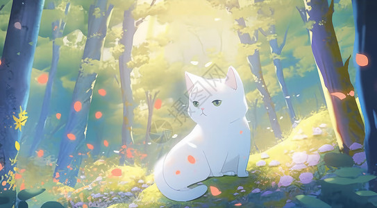 可爱的卡通小白猫在森林中图片