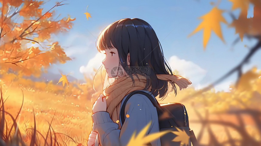 秋天背着书包在森林中看枫叶的卡通女孩图片