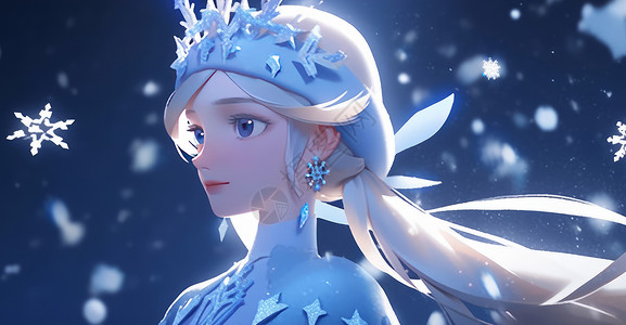 头戴雪花皇冠的蓝色调卡通冰雪公主背景图片