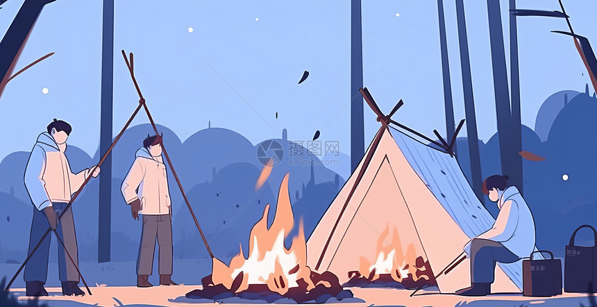 冬天夜晚在森林中露营的卡通人物图片