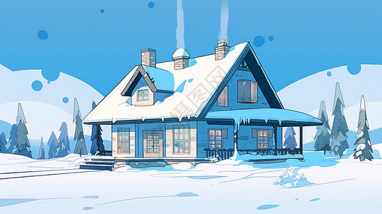 在雪地里的蓝色调简约的卡通小房子背景图片