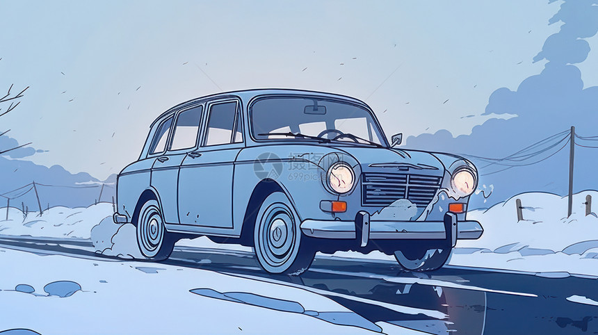 冬天在大雪中行驶的卡通汽车图片