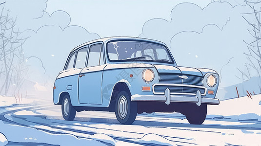 在雪地里汽车冬天雪后在森林中的卡通小轿车插画