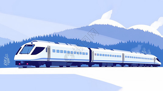 卡通动车高铁冬天在大雪中行驶的卡通高铁插画