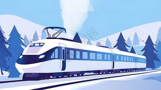 高铁冬季素材冬天路过森林的卡通高铁插画