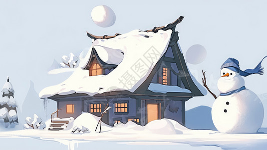 冬天雪后温馨的卡通小木屋背景图片