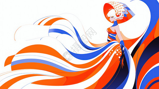 穿橙色条纹长裙时尚漂亮的卡通女人背景图片