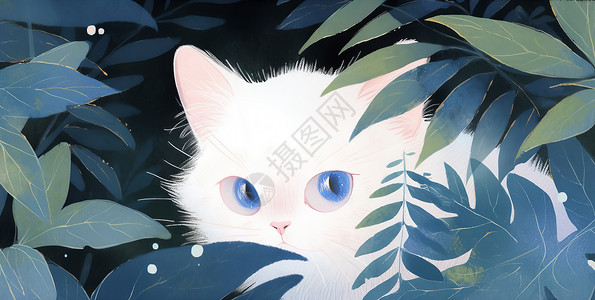 树叶特写躲在树叶后面可爱的卡通小白猫插画