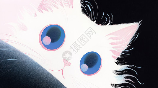 儿童特写蓝色大眼睛萌萌的可爱卡通小白猫插画