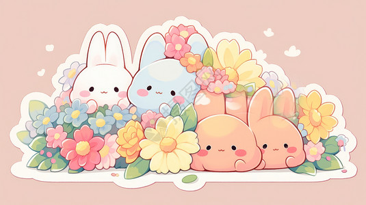 四只可爱的卡通小兔子家族贴纸背景图片