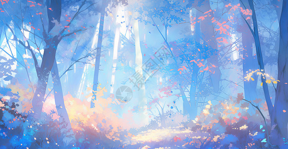 秋天唯美的蓝色调卡通森林背景图片