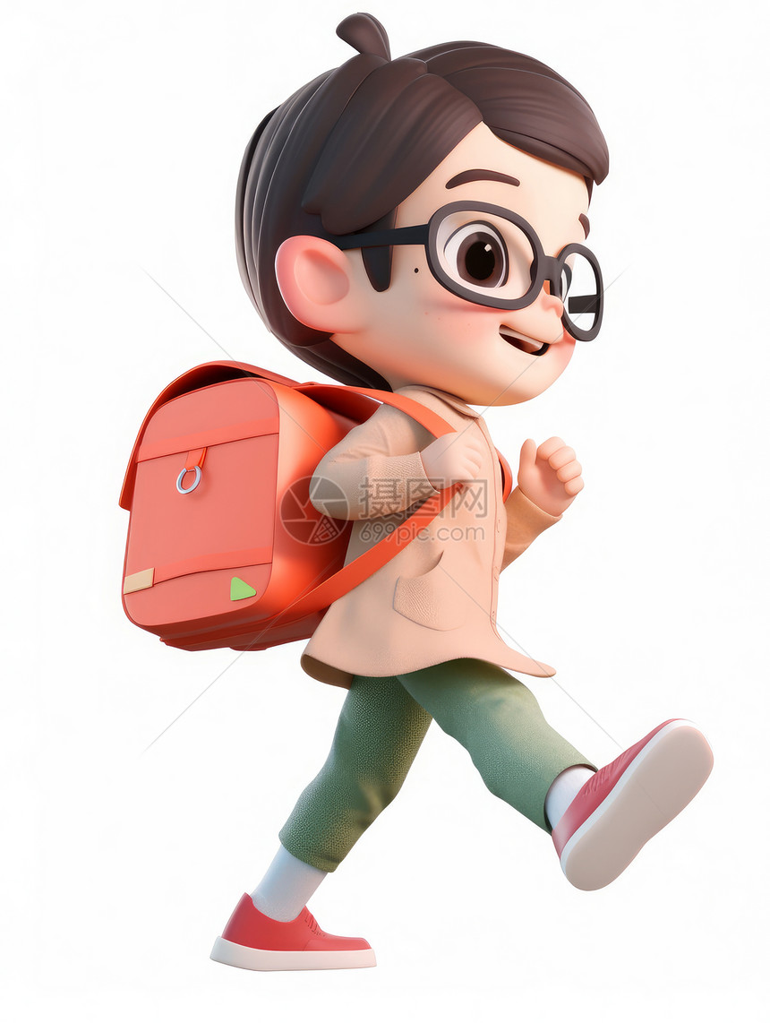背着书包大步走路的可爱卡通小男孩图片