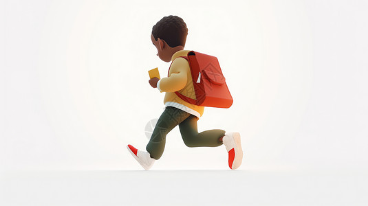 皮肤模型深色皮肤立体卡通小男孩背着红色书包奔跑插画