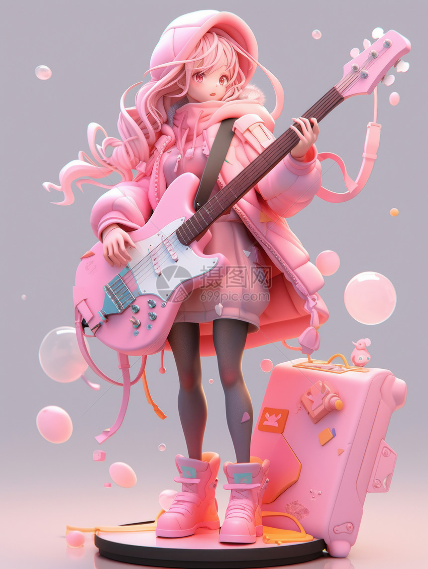 拿着粉色电吉他的卡通小女孩正在演奏图片