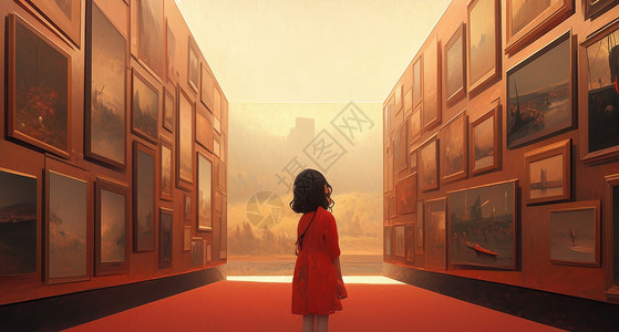 红色展厅穿红色裙子在超大展厅中欣赏画展的卡通女孩背影插画