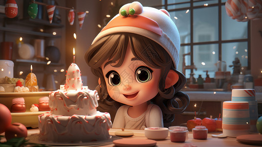 坐在餐桌前看着桌上放着生日蛋糕开心笑的卡通小女孩背景图片