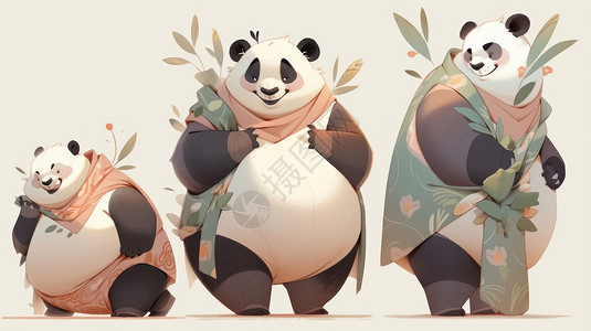 三只大肚子肥胖可爱的卡通熊猫图片