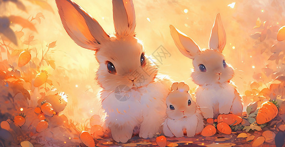 秋天在温暖的阳光下可爱的卡通小兔子一家插画