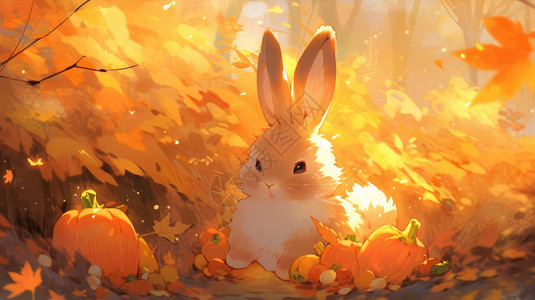 秋天可爱的卡通兔子与丰收的南瓜背景图片