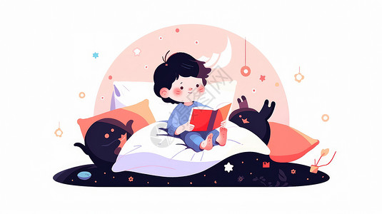 坐在床上看书的可爱卡通小男孩图片