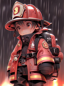 大雨中正要准备工作的卡通消防员背景图片