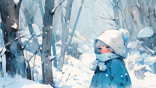 木头特写冬天雪后在森林中散步的可爱卡通小女孩插画