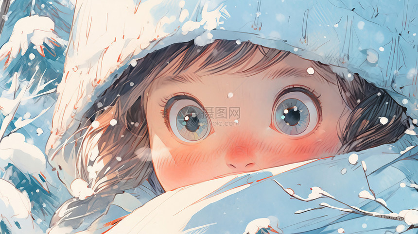 戴着后毛线帽在大雪中的可爱卡通小女孩面部特写图片