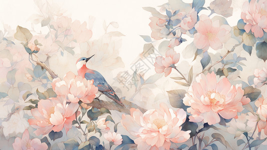 粉色小鸟边框在粉色盛开的花丛中一只可爱的卡通小鸟插画