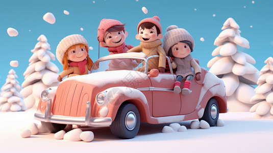 大雪中在车上一起玩耍的卡通男孩女孩图片