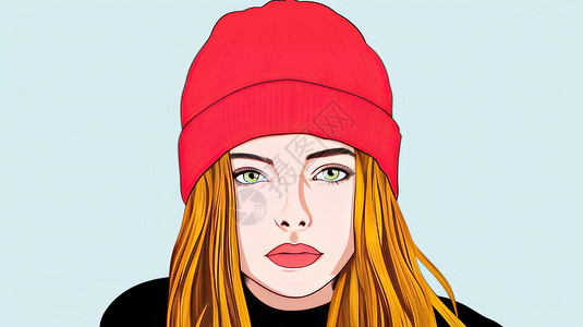 红色长发卡通女人戴着红色毛线帽图片