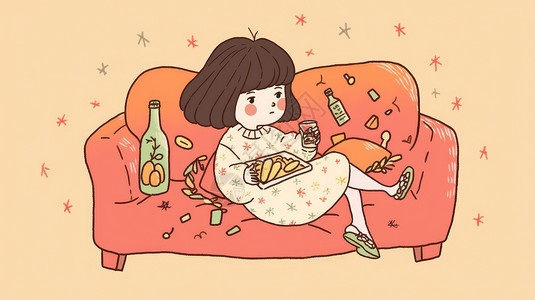 吃零食看电视宅在家沙发上吃零食的卡通女孩插画