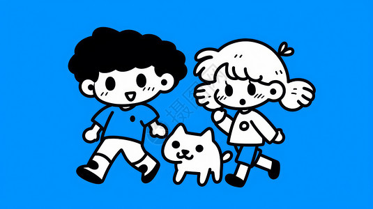 可爱的卡通小男孩小女孩与猫一起奔跑图片