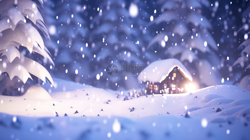 大雪在森林中温馨梦幻的卡通小屋图片