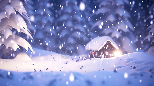 大雪在森林中温馨梦幻的卡通小屋背景图片