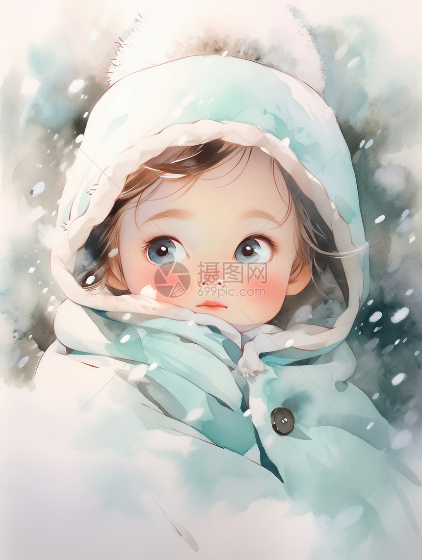 大雪中穿着很厚的可爱卡通小女孩数字艺术图片