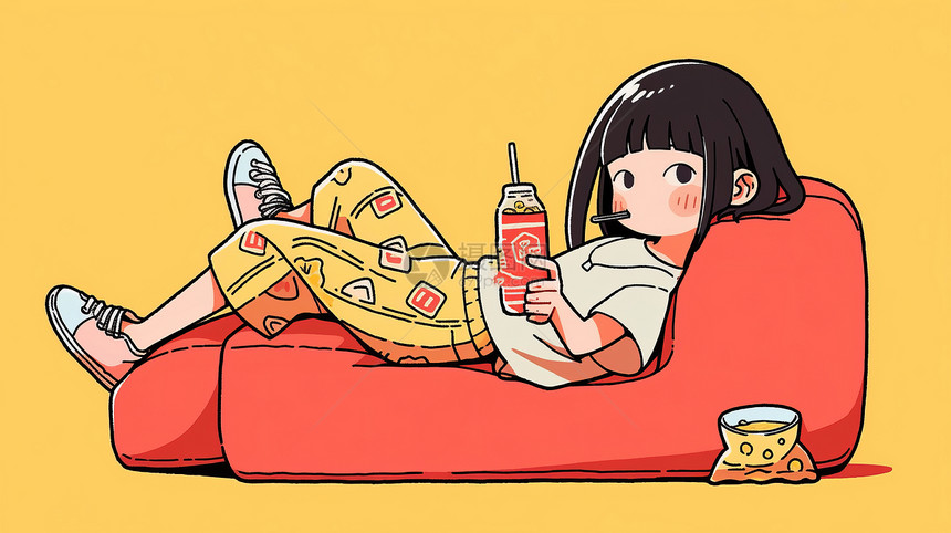 躺在红色上拿着饮料吃棒棒糖的可爱卡通女孩图片