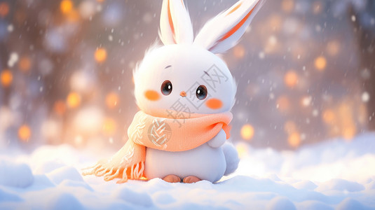 围着围巾在大雪中可爱的卡通小白兔图片