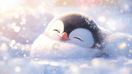 南极企鹅元素在冰天雪地中晒太阳开心微笑的卡通企鹅插画