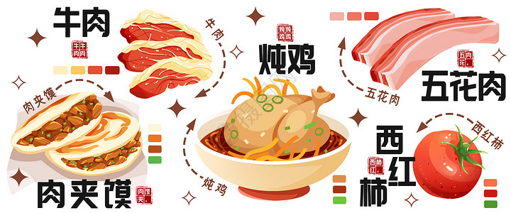 筷子夹牛肉秋冬美食插画炖鸡肉夹馍插画