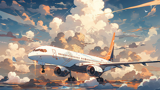 在高高的云朵下停在飞机场一架卡通飞机背景图片