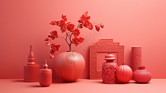 春节我在岗插在喜庆的花瓶中的红色梅花与各种花瓶设计图片