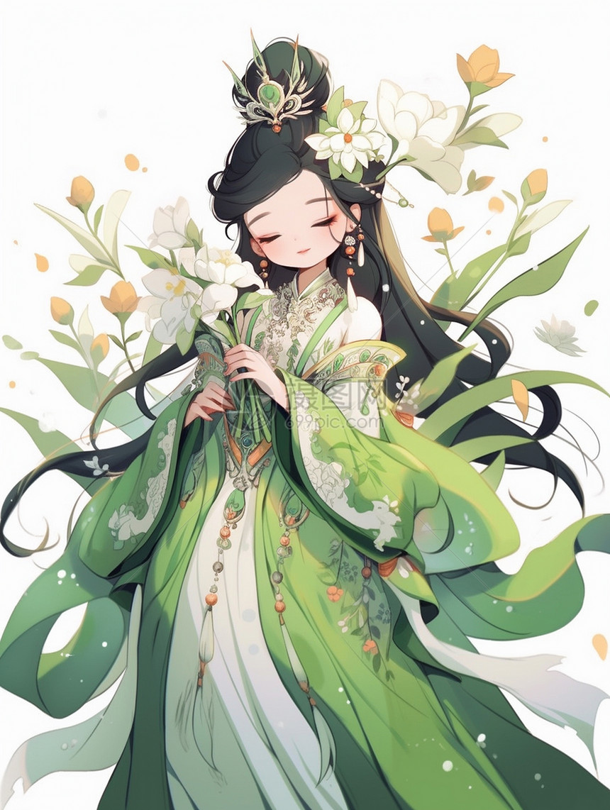 穿绿色古风长裙手拿花朵的长发卡通公主图片