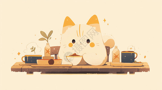 喝咖啡小猫在餐桌上吃东西的可爱卡通小猫插画