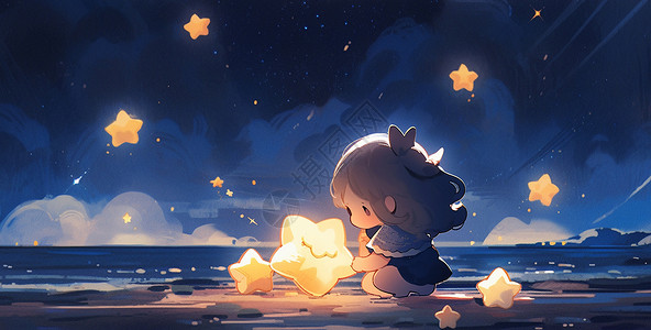 蹲便夜晚蹲在沙滩上抱着黄色发光星星的卡通女孩插画