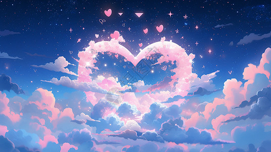 爱在感恩节粉色卡通爱心云朵在天空中插画
