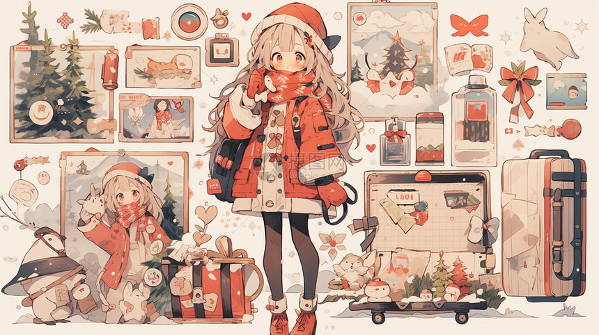 围着红色围巾可爱的卡通女孩圣诞主题手账插画图片