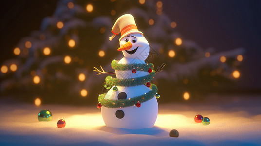 东可爱的卡通雪人身上装饰着圣诞装饰插画